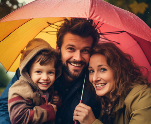 famille de trois personnes sous un parapluie à Néris-les-Bains près de Montluçon dans l'Allier 03