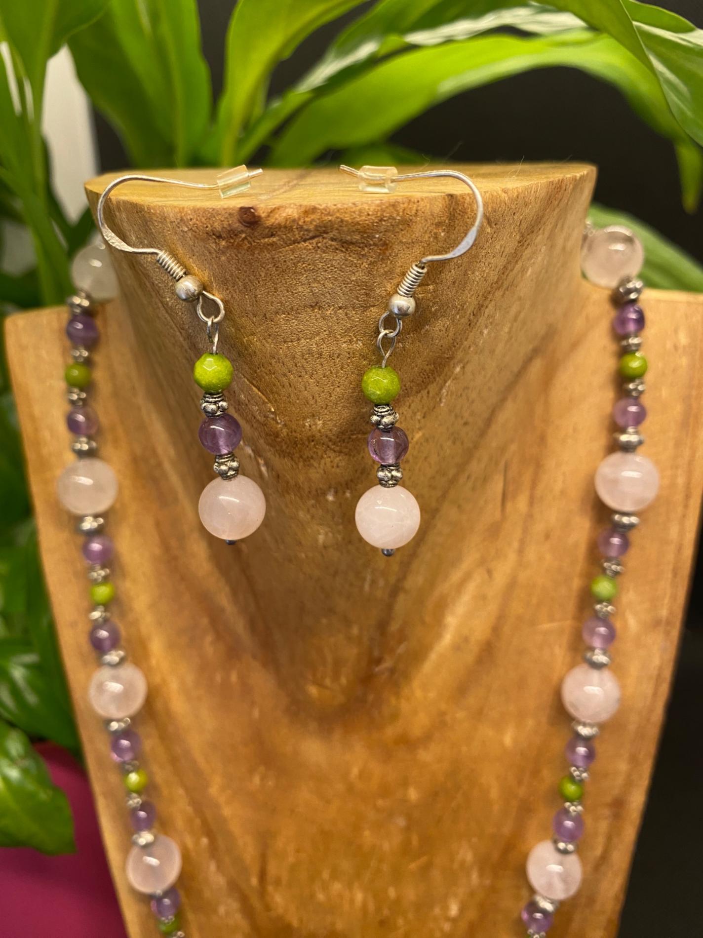 Parure quartz rose améthyste péridot
